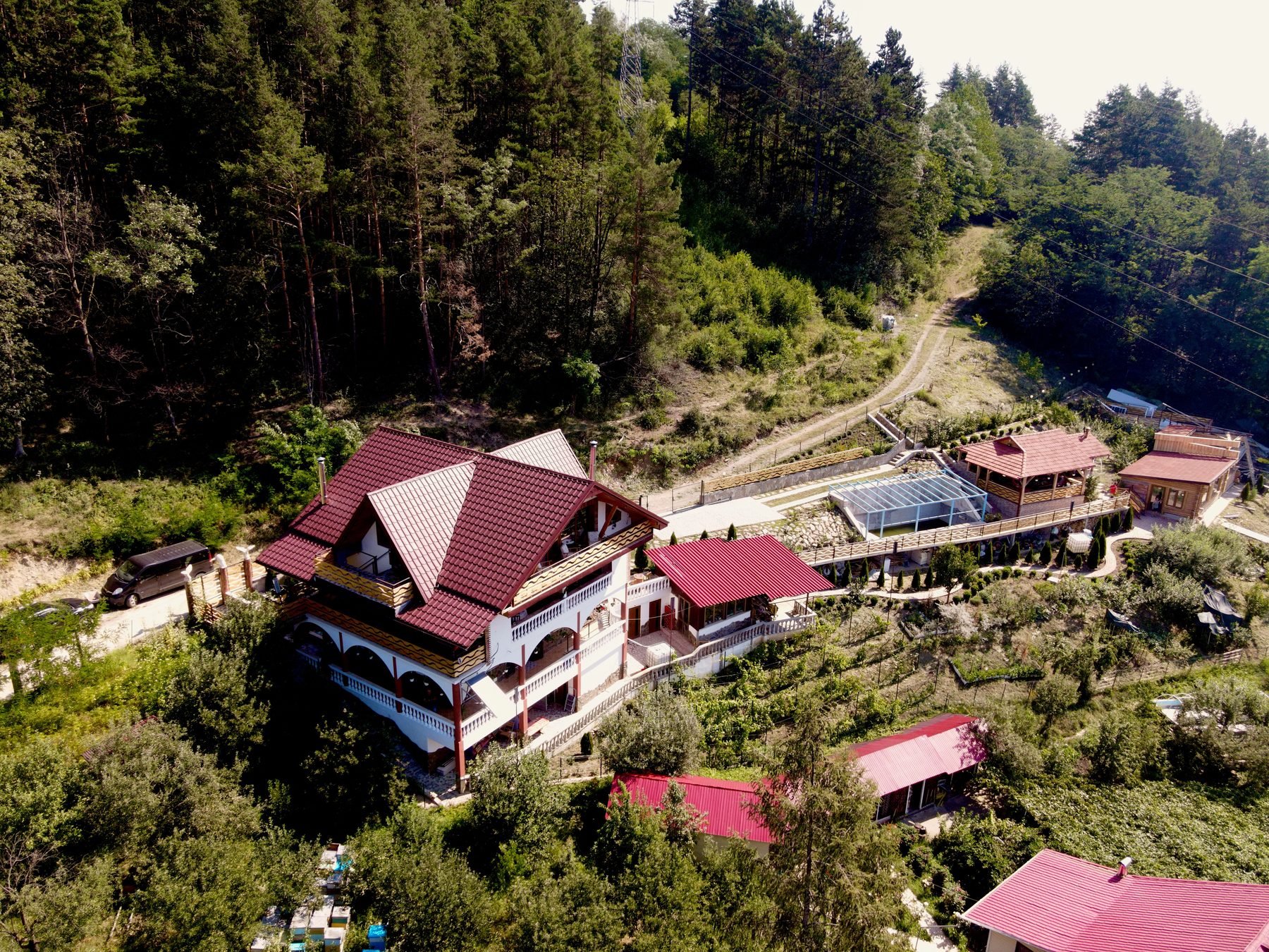 Aerial view of Vila Victoria and its grounds in the forested hills of Pangarati, Neamt County
